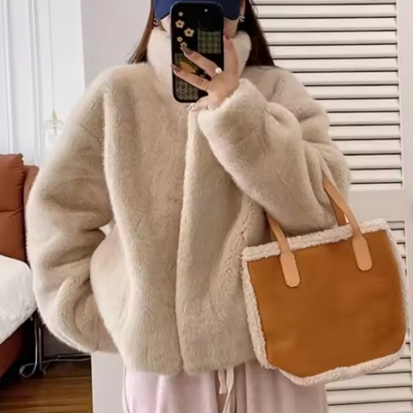 Women Faux Fur Coat, Mink Fur Integrated Short Stand Collar - Picture 9 of 13